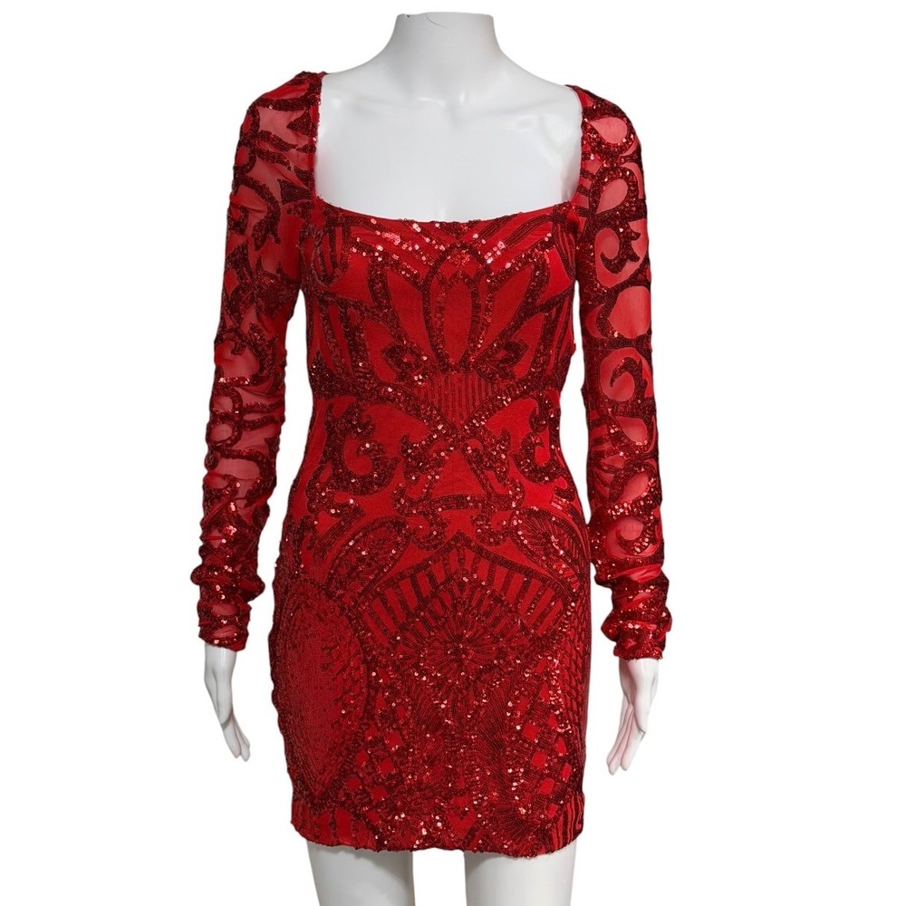 Lucy in the Sky Red Sequin Long Sleeve Open Back Bodycon Mini‎ Dress Medium